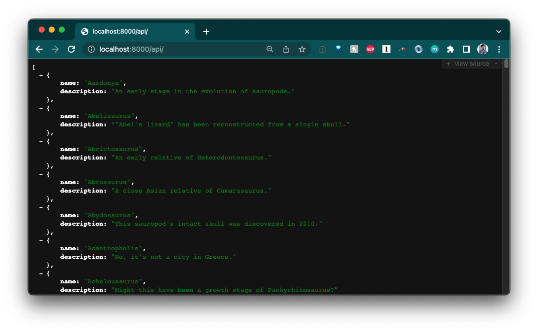 json response of dinosaurs